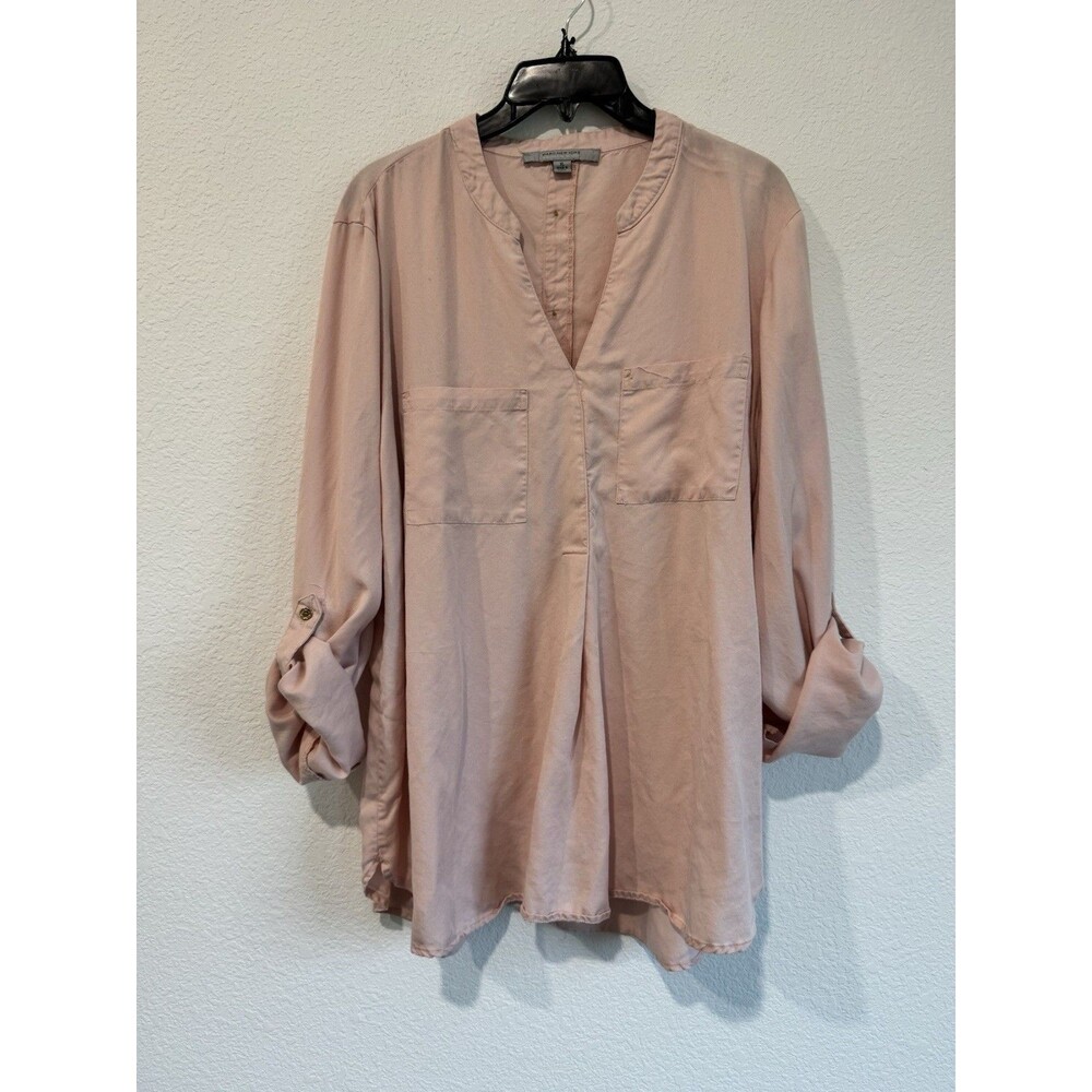 Marc New York Women's Pink V Neck Tunic Top Chest Pockets Roll Tab Sleeve XL
